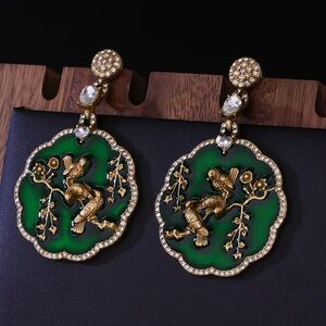 VINTAGE STYLE GOLD GREEN BIRD STATEMENT EARRINGS
